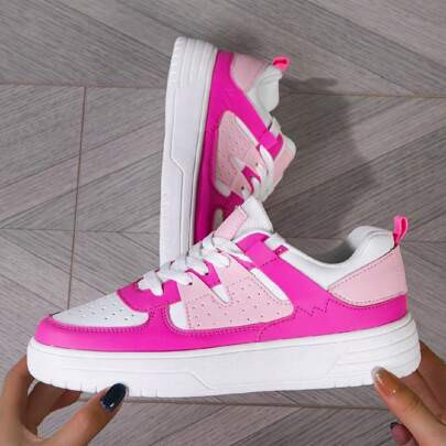 Pink Cute And Energetic Women Shoes, Tennis Shoes, Party Shoes, Versatile Round Toe Lace-Up Low Shoes, Thick Sole Shock-Absorbing Comfortable Breathab | SHEIN
