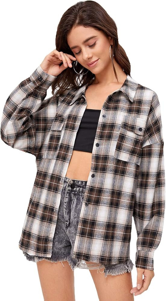 SweatyRocks Women's Long Sleeve Collar Long Button Down Plaid Shirt Blouse Tops | Amazon (US)