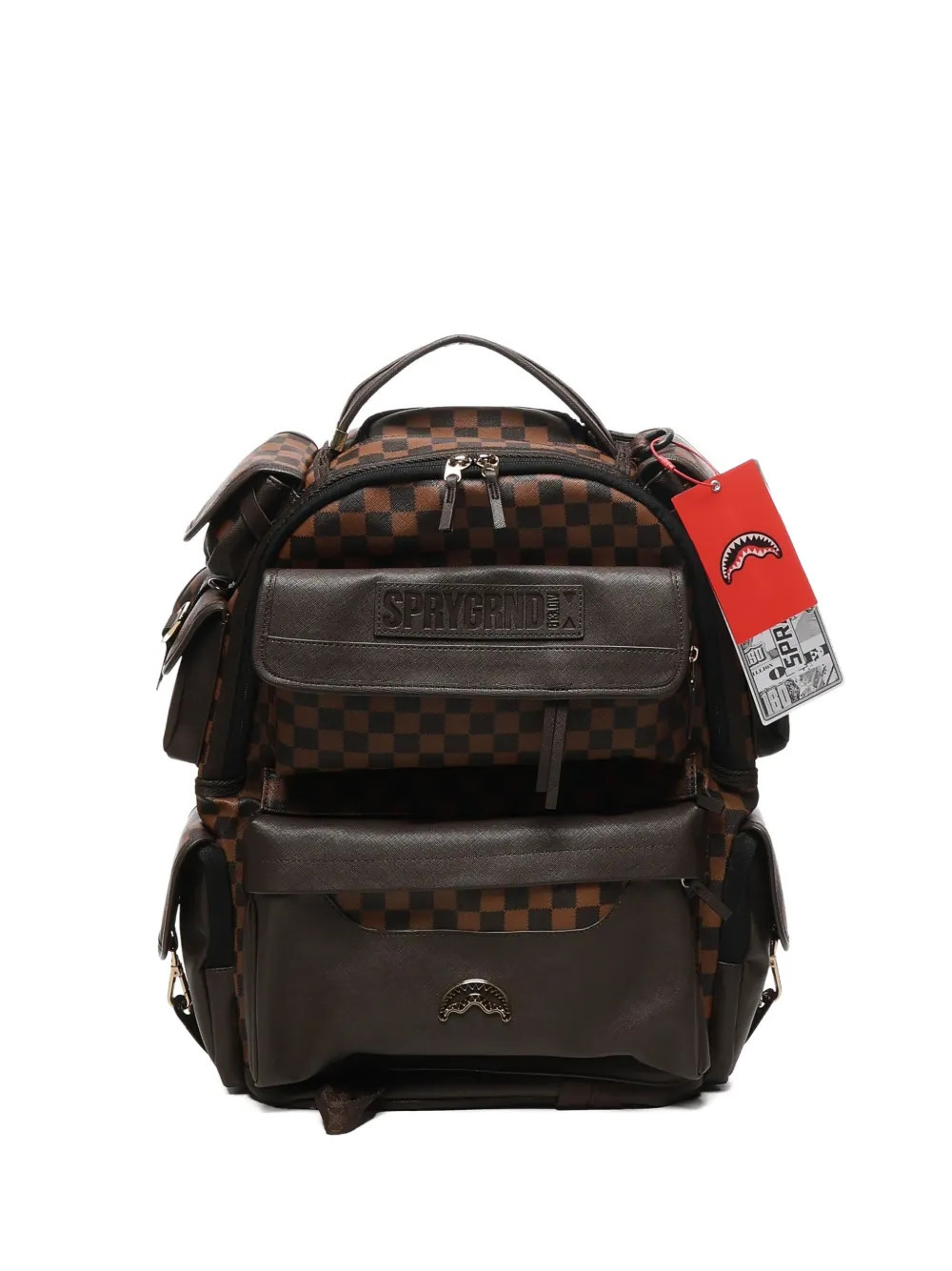 Sprayground check-pattern multi-pocket backpack - Brown | Farfetch Global