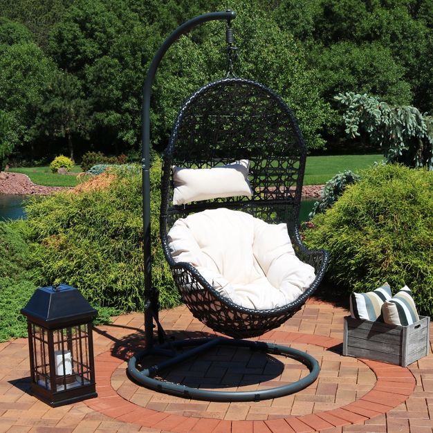 Sunnydaze Outdoor Resin Wicker Patio Cordelia Hanging Basket Egg Chair Swing with Cushion, Headre... | Target