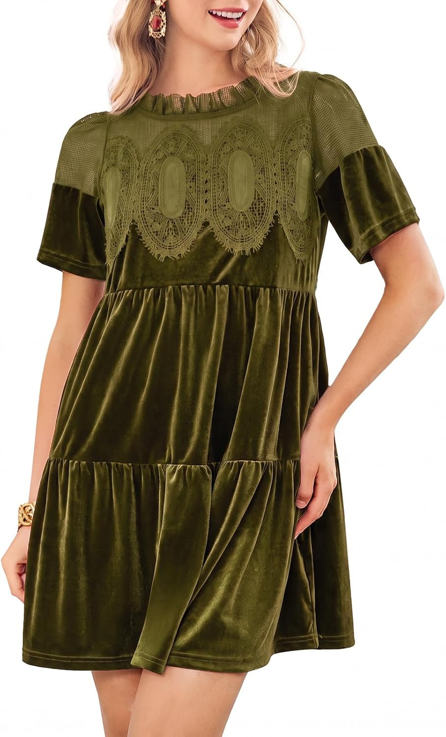 Wenrine Womens Velvet Dress Fall Lace Short Sleeve Babydoll Mini Dresses | Amazon (US)