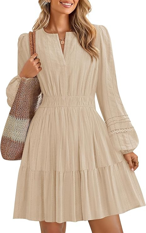 ZESICA Long Sleeve V Neck Mini Dresses for Women 2026 Spring High Waist Ruffle Pleated A Line Coc... | Amazon (US)