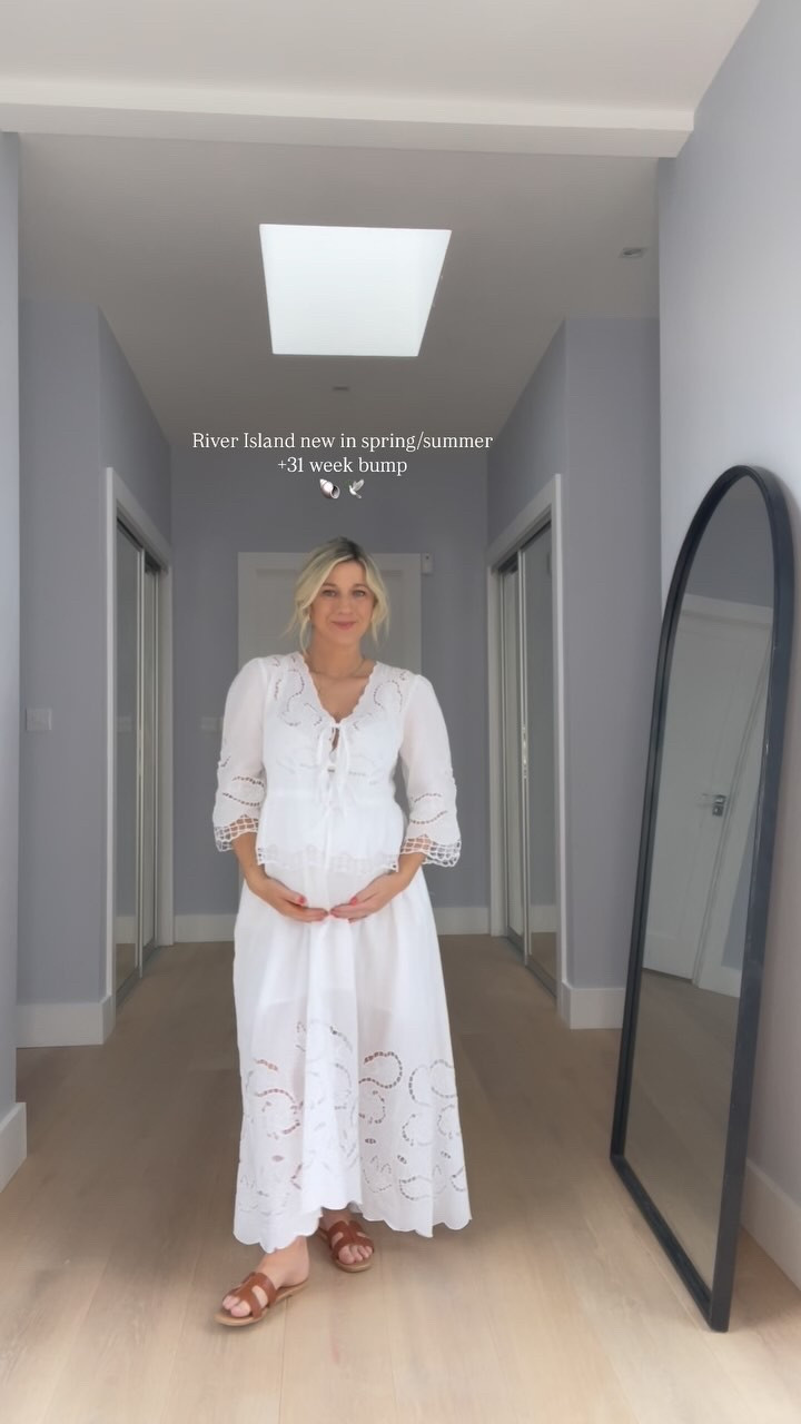 New in @riverisland 🕊️🐚 some gorge spring/summer casual pieces (absolute miracle I got energy to do this, could be my last haul 😮‍💨) Love to know your fave look?? 

#fashionreels #31weekspregnant #bumpstyle #riverisland #pregnancystyle