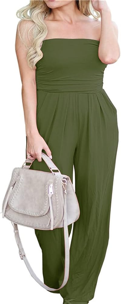 PRIMODA Women's Tube Top Strapless Off Shoulder Loose Wide Leg Jumpsuit Romper with Pockets | Amazon (US)