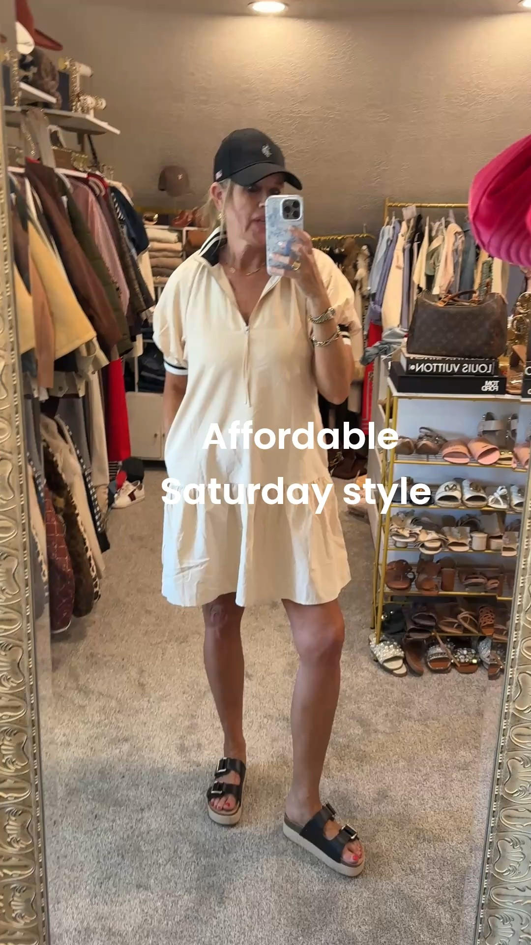 Affordable Saturday Style dress that you can where sporty … with its cute polo stripped collar and sleeve trim  zip front  and has pockets.
Comes in several colors and fits tts I am in the
Med 

Styled with a Ralph Lauren baseball cap 

Frankie4 platform two buckle comfy sandals with braided raffia sole 

Gold hoop earrings 

Another way to style this would be with low profile sneakers, a sporty bag and baseball cap  
With sweatshirt over your shoulders

#LTKootd #LTKOver40 #LTKSaleAlert