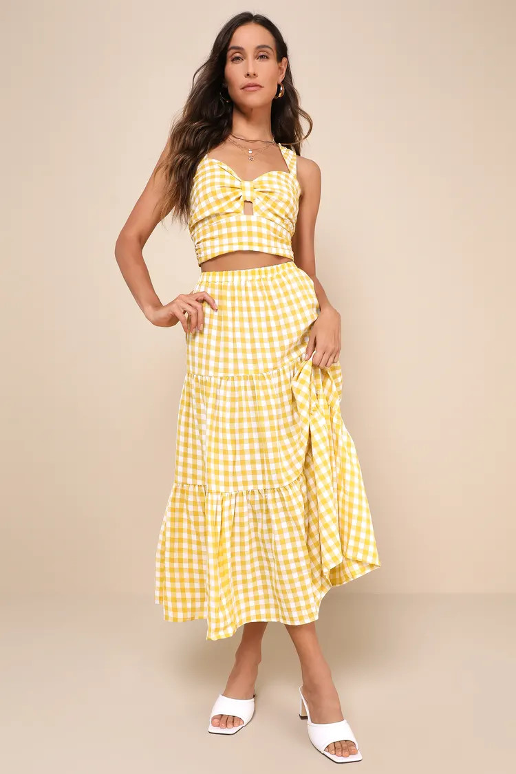 Completely Endearing Yellow Gingham Tiered Midi Skirt | Lulus