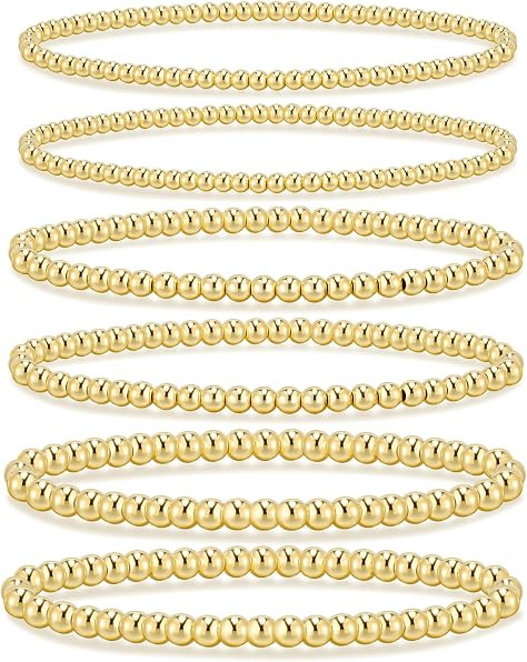 Gold Bracelets for Women Waterproof, 14K Gold Plated Beaded Strand Bead Ball Bracelets stack Adju... | Amazon (US)