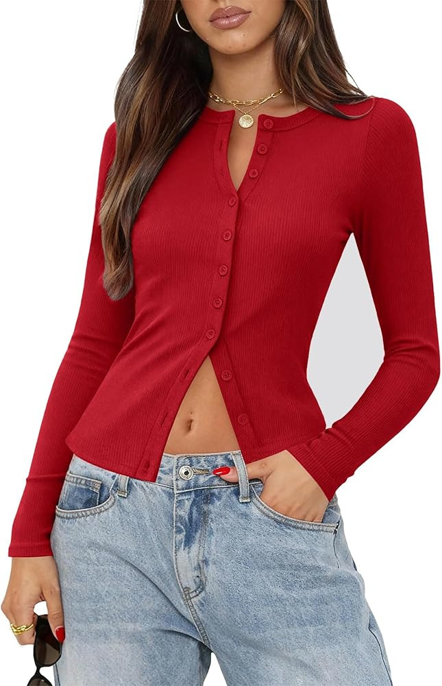 Womens Ribbed Long Sleeve Going Out Button Down Up Shirts Lightweight Regular Length Cardigan Fal... | Amazon (US)