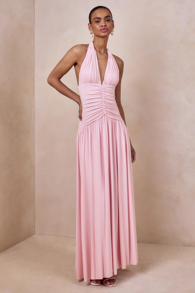 Bettina  Pink Plunge-Neck Maxi Dress With Gathered-Detailing | Club L London