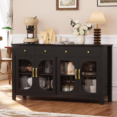 spanspace 55" Sideboard Buffet Cabinet with Storage, 3 Drawers and 4 Glass Doors, Kitchen Coffee Bar Cabinet with Adjustable Shelves, Black | Target