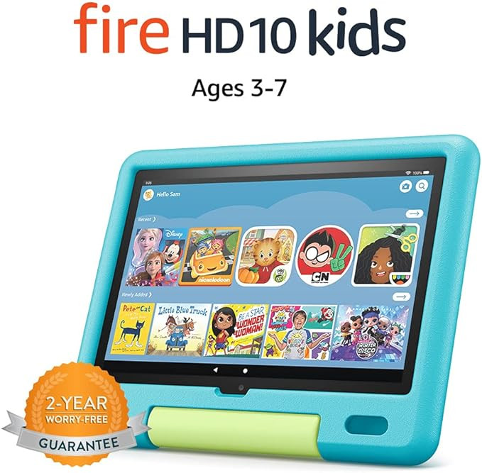 Fire HD 10 Kids tablet, 10.1", 1080p Full HD, ages 3–7, 32 GB, Aquamarine | Amazon (US)