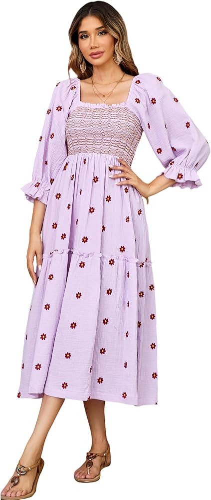 R.Vivimos Women's Long Sleeve Cotton Boho Midi Dress Vintage Square Neck Floral Embroidered Tiere... | Amazon (US)