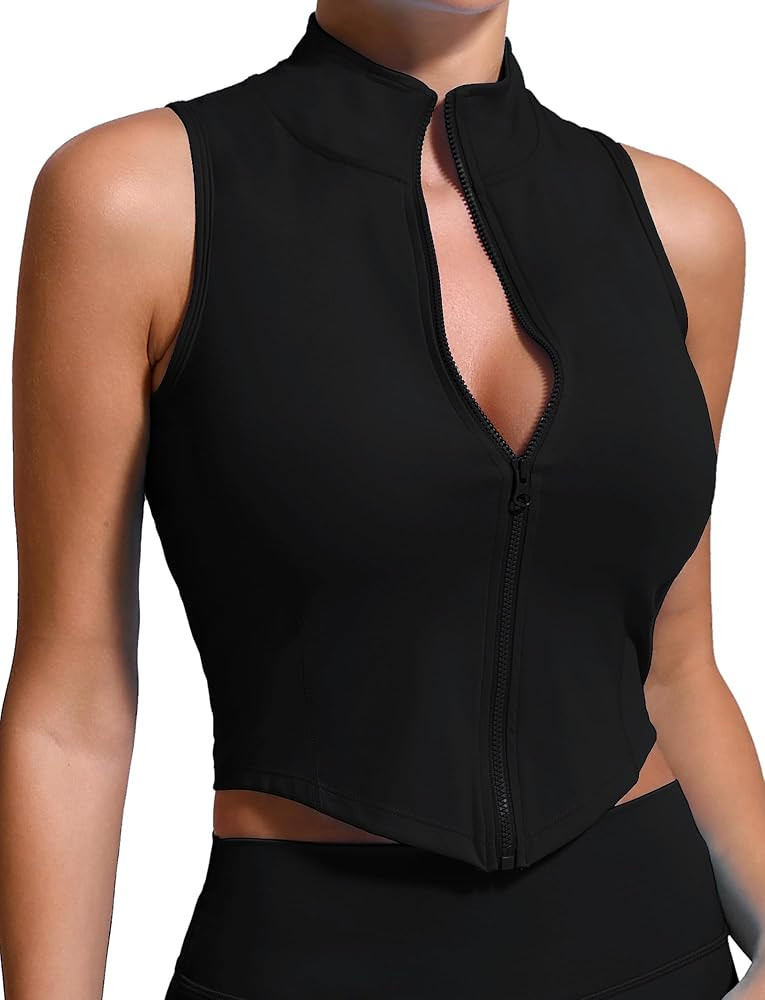FEOYA Curve Hem Golf Tank Top for Women Sleeveless Full Zip Up Yoga Workout Vest Slim Fit Nylon T... | Amazon (US)