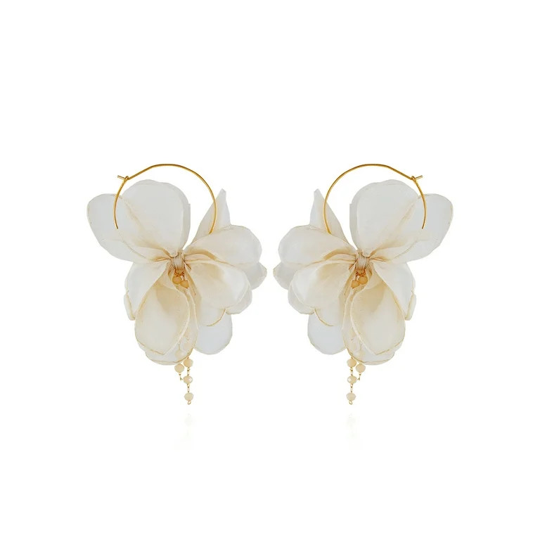 Time and Tru Women's Gold Tone Modern Ivory Fabric Flower Petal Hoop Earrings | Walmart (US)