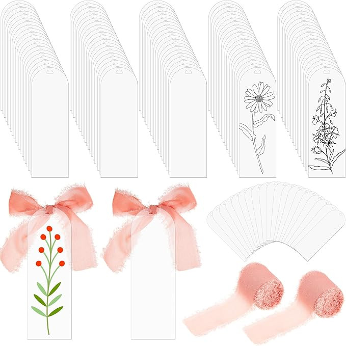 Yeaqee 100 Pcs Acrylic Bookmark Blanks Clear Bookmarks Acrylic Tags with 2 Rolls Ribbon DIY Craft... | Amazon (US)