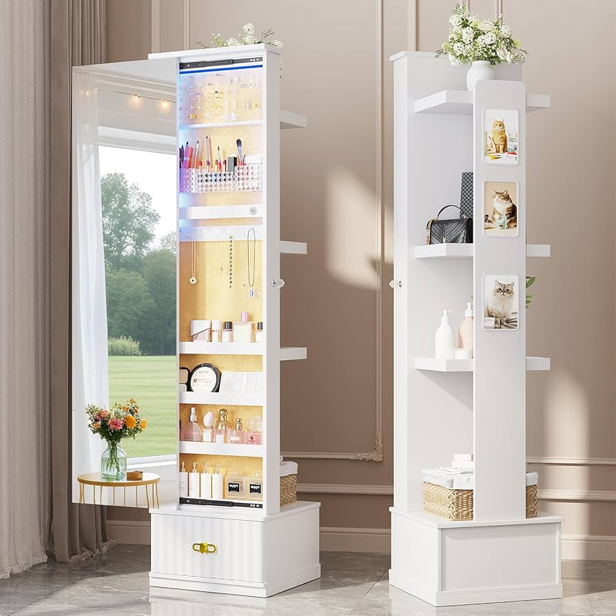 HNEBC Mirror Full Length with Stand, Jewelry Organizers and 4 Storage Racks, Jewelry Cabinet with... | Amazon (US)
