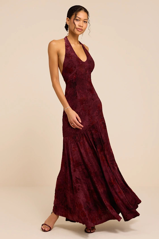 Burnley Burgundy Floral Burnout Halter Maxi Dress | Lulus