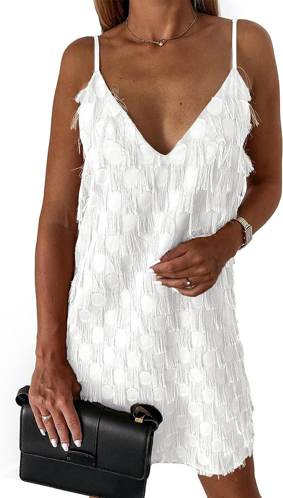 Women's Fringe Tassels Spaghetti Straps V Neck Sleeveless Cocktail Mini Dress | Amazon (US)