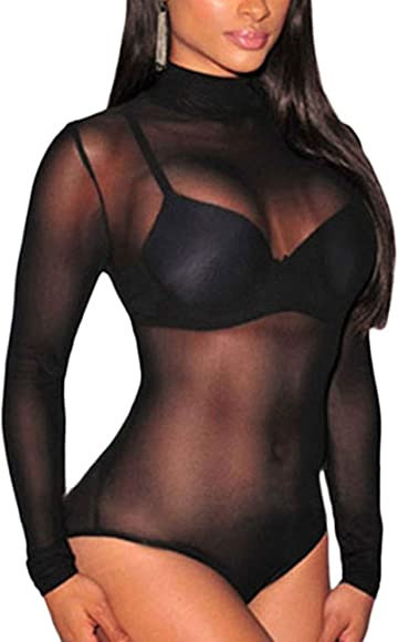 SEBOWEL Women Long Sleeves Mesh See Through Jumpsuit Bodysuit Top Leotard | Amazon (US)