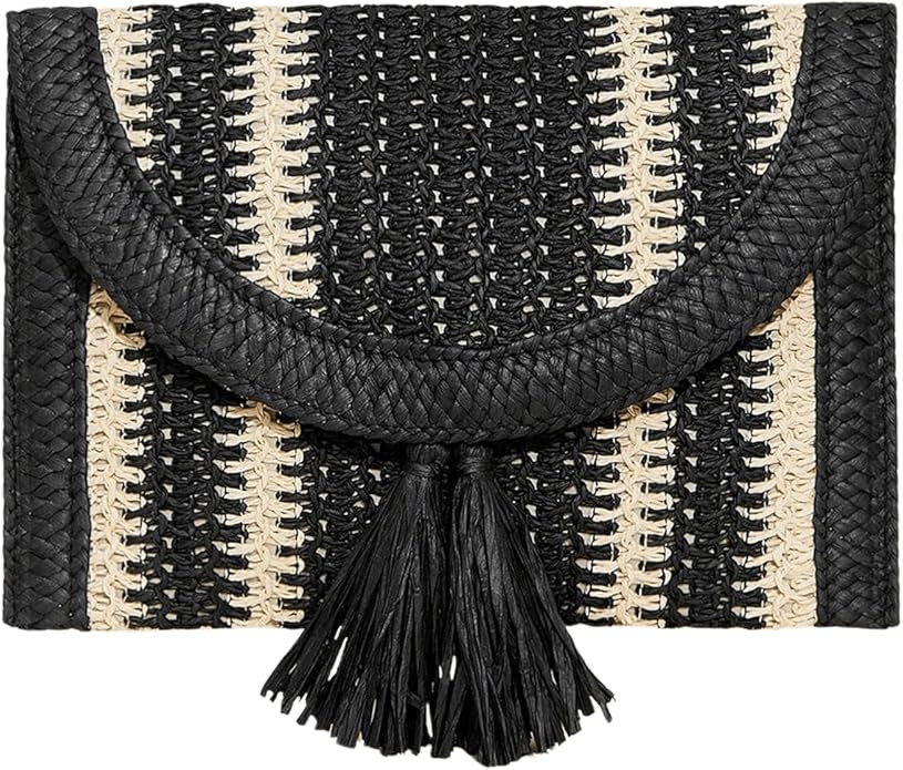 OYOANGLE Women's Color Block Woven Clutch Bag Straw Fringe Flap Small Striped Boho Purse Handbags | Amazon (US)