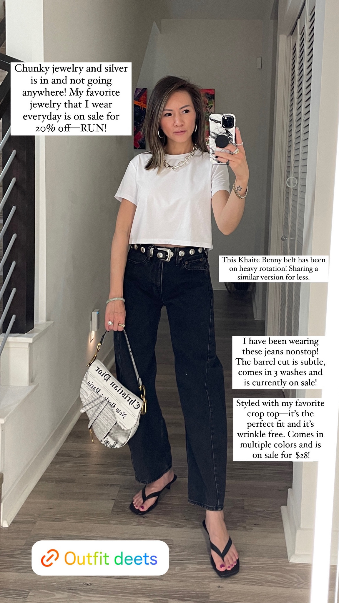 I have been wearing these jeans nonstop! The barrel cut is subtle, comes in 3 washes and is currently on sale! Styled with my favorite crop top—it’s the perfect fit and it’s wrinkle free. Comes in multiple colors and is on sale for $28! Chunky jewelry and silver is in and not going anywhere! My favorite jewelry is on sale for 20% off—RUN! This Khaite Benny belt has been on heavy rotation! Sharing a similar version for less. 

Summer outfit, fall outfit, casual outfit, crop top, barrel jeans, jeans, Abercrombie, sale, chunky jewelry, silver jewelry, sale, belt, Khaite Benny belt, statement belt, sandals, The Stylizt 

#LTKFindsUnder100 #LTKFindsUnder50 #LTKSaleAlert
