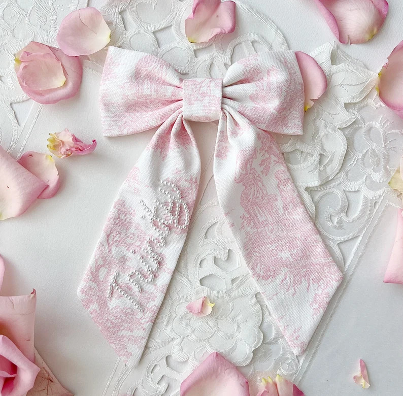 Pink Toile Sailor Pearl Custom Name Personalized Bow Bridal French Hair Clip - Etsy | Etsy (US)