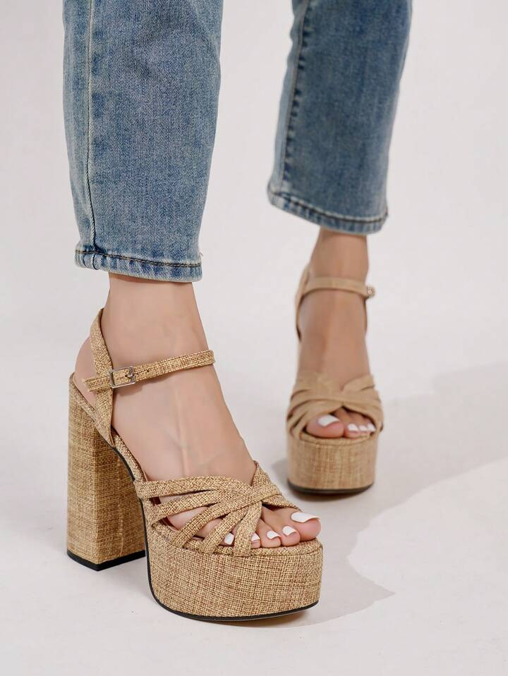 Fashionable Casual Canvas Apricot Spring/Summer Chunky Heels Waterproof Platform High Heel Sandal... | SHEIN