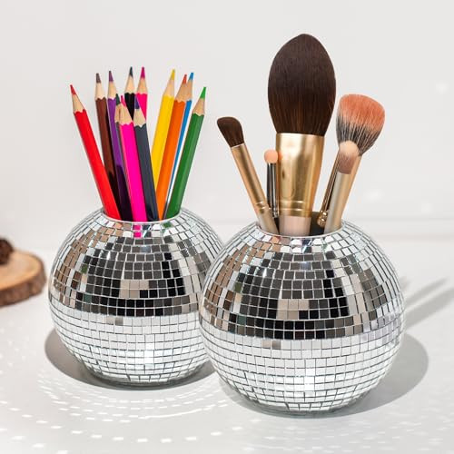 RGBDOT Disco Ball Pencil Holder for Desk - Disco Ball Pen & Makeup Brush Organizer with Silver Sequins, Disco Accessories Decor for Office, Home, or Bedroom - 4 in (2 PCS) | Amazon (US)