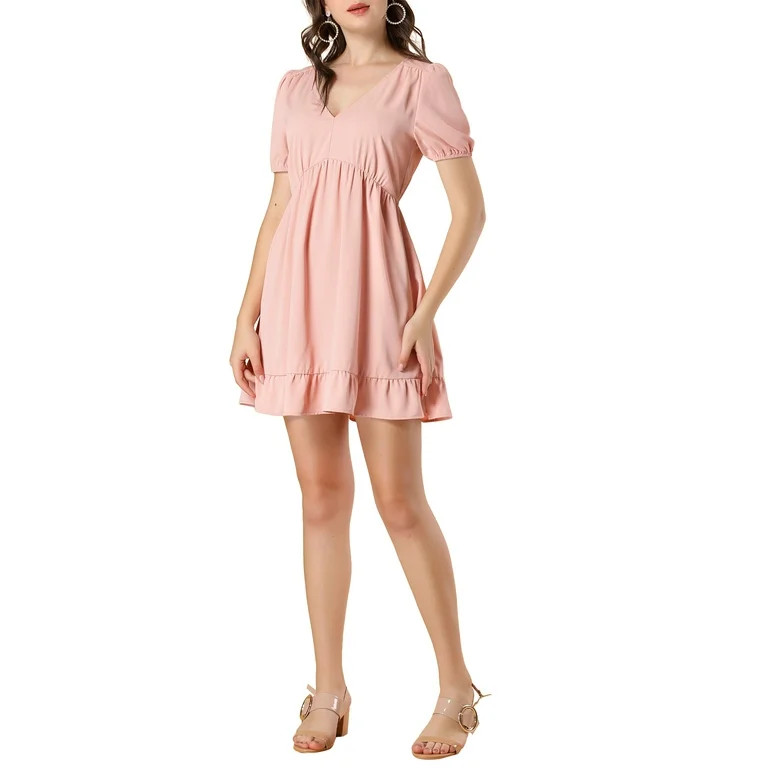 MODA NOVA Junior's V Neck Short Sleeve Ruffle Hem Babydoll Above Knee Dress | Walmart (US)