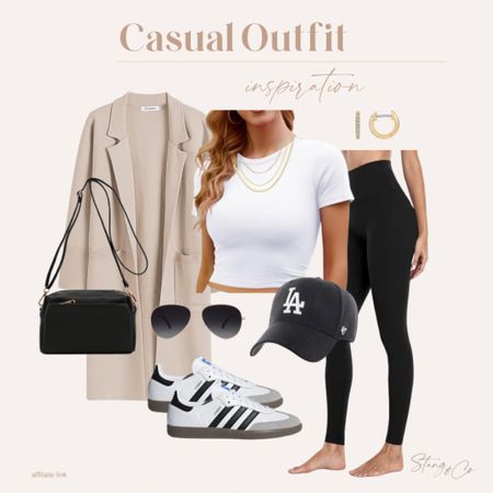 This casual outfit idea includes a white crop tee paired with tall friendly leggings, a tan coatigan, Adidas Sambas sneakers, an LA hat, aviator sunglasses, layered gold necklaces, huggie earrings, and a black crossbody purse. 

Ootd, winter style, casual outfit, tall friendly fashion, Amazon fashion 

#LTKstyletip #LTKshoecrush #LTKfindsunder50