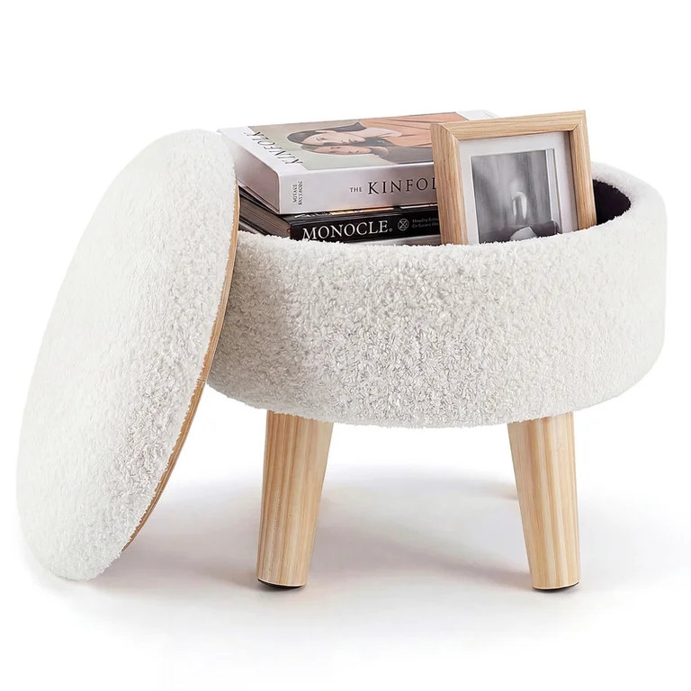 Gianna Round Ottoman with Storage, Boucle Footstool with Hidden Storage, Padded Seat, Teddy Velve... | Walmart (US)