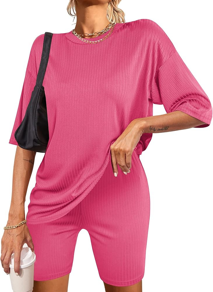 Ekouaer Pajamas 2 Piece Lounge Sets Ribbed Knit Matching Outfits T-shirt Biker Shorts Sleepwear L... | Amazon (US)