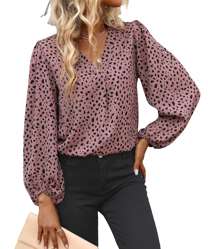 Long Sleeve Blouses for Women, Leopard Print Chiffon Tops V Neck Loose Business Shirts Casual Wor... | Amazon (US)