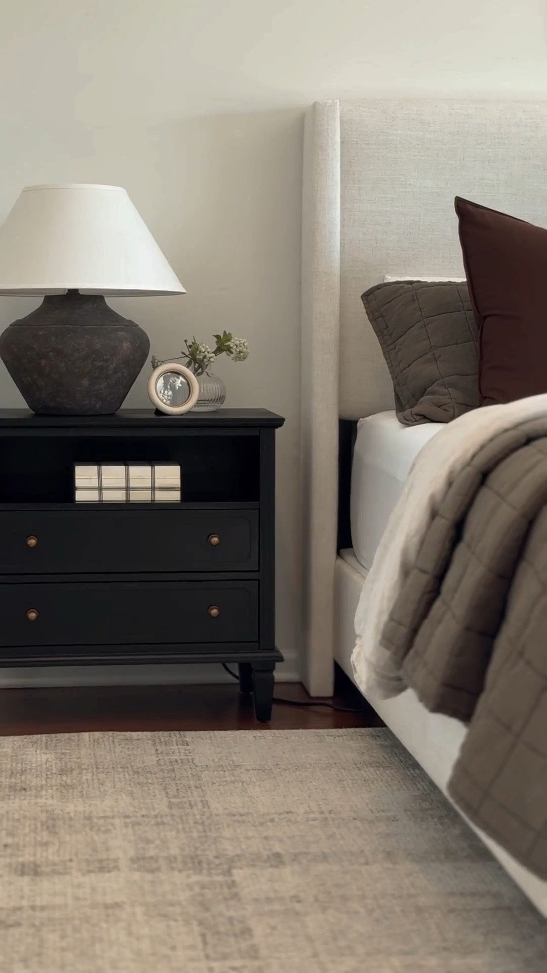 Charging nightstand, nightstand decor, nightstand lamp, bedroom furniture, bedding, Moody bedroom, black nightstand, Wayfair furniture

#LTKHome