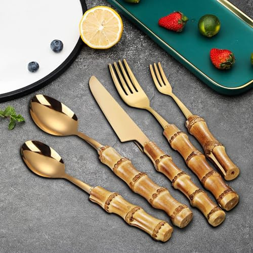 gold bamboo silverware set, 90-piece bamboo handle cutlery set for 18, reusable flatware stainless steel, forks and spoons set for eating,dishwasher safe | Amazon (US)