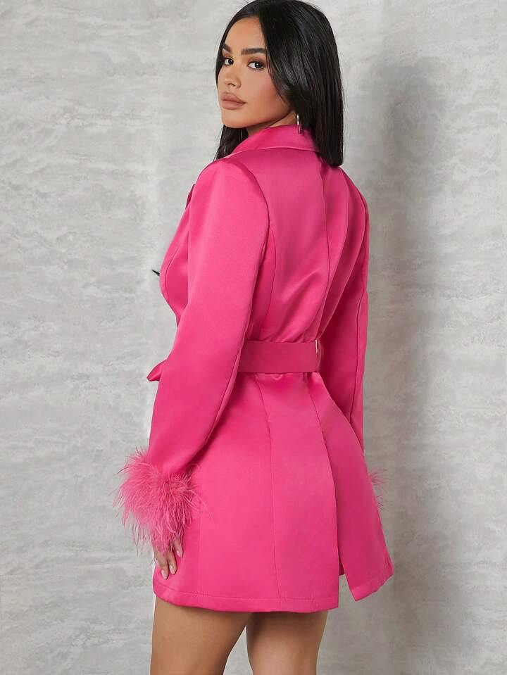 Katalyst Kouture Fuzzy Cuff Button Belted Satin Blazer | SHEIN
