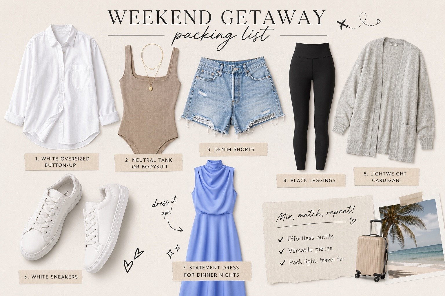 Weekend getaway packing inspo ✈️🤍

Keep it cute, simple, and versatile with these 7 must-pack pieces:
• White oversized button-up
• Neutral tank or bodysuit
• Denim shorts
• Black leggings
• Lightweight cardigan
• White sneakers
• One statement dress for dinner nights ✨

Mix, match, repeat — effortless outfits without overpacking. Which piece are you grabbing first? 👀🧳

#LTKootd #LTKTravel #LTKmomlife