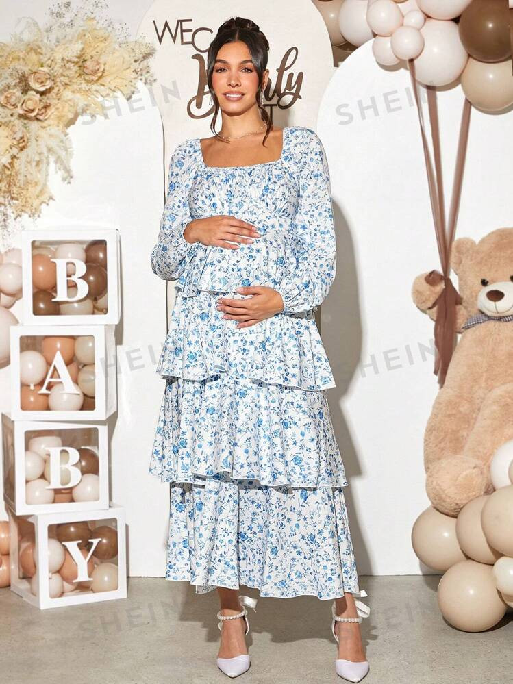 Loomaby Gender Reveal Dress Pregnant Women's Elegant Floral Print Square Neck Lantern Sleeve Mult... | SHEIN
