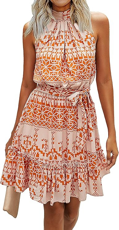 BTFBM Women Floral Dresses Casual Summer Sleeveless Halter Neck Ruffle Belt Boho Polka Dot Leopar... | Amazon (US)