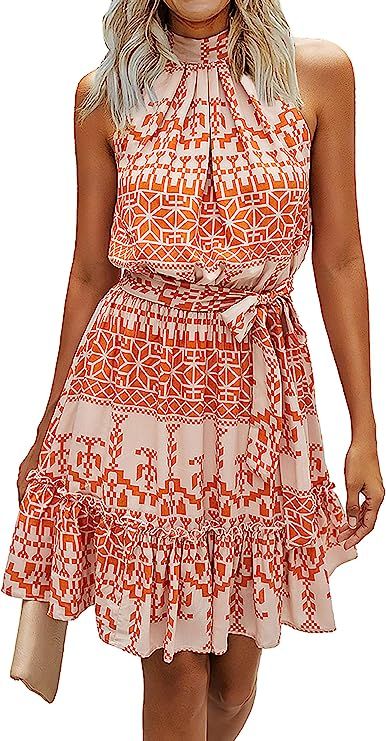 BTFBM Women Floral Dresses Casual Summer Sleeveless Halter Neck Ruffle Belt Boho Polka Dot Leopar... | Amazon (US)