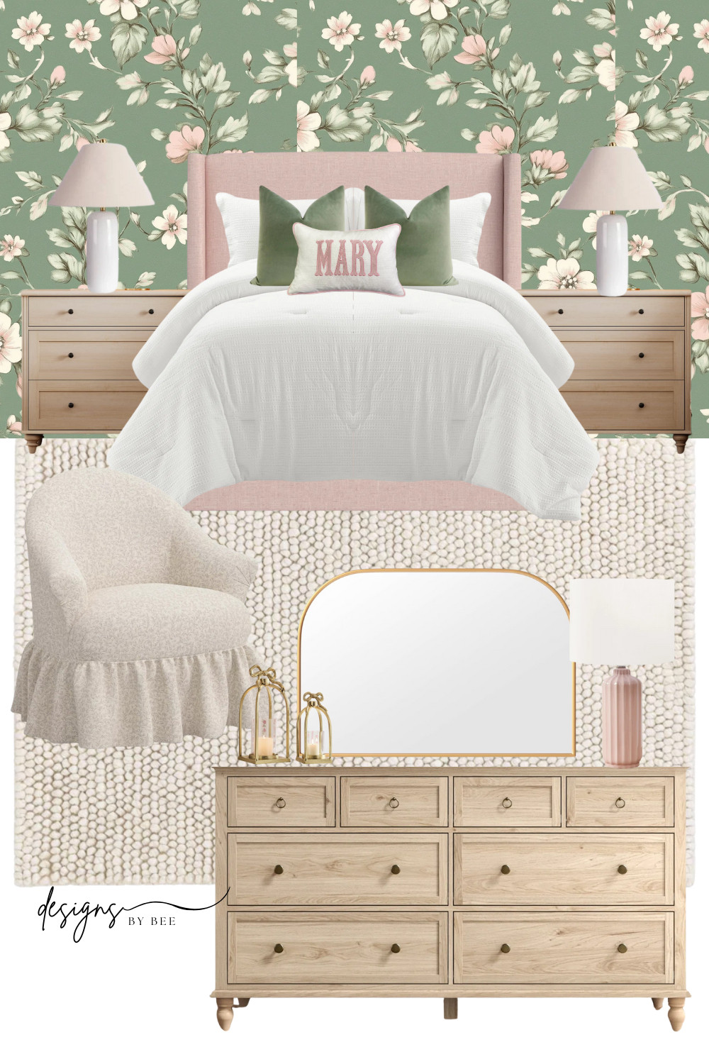 teen girl bedroom inspo!

Grandmillennial style, bedroom inspiration, cottagecore decor, sage green aesthetic, blush pink bedroom, romantic home, interior design mood board, vintage floral wallpaper, feminine bedroom ideas, traditional home, light wood furniture, shabby chic style, skirted furniture, cozy bedroom vibes, sage green floral, blush upholstered bed, white chunky rug, gold arched mirror, light oak dresser, ceramic table lamp, ruffle accent chair, custom name pillow, transitional bedroom, botanical wallpaper, gold lanterns, fluted pink lamp 

 #LTKHome #LTKKids