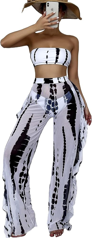 SOLY HUX Women's Tie Dye Bandeau Bikini Bathing Suits with Cover Up Pants 3 Piece Swimsuits | Amazon (US)