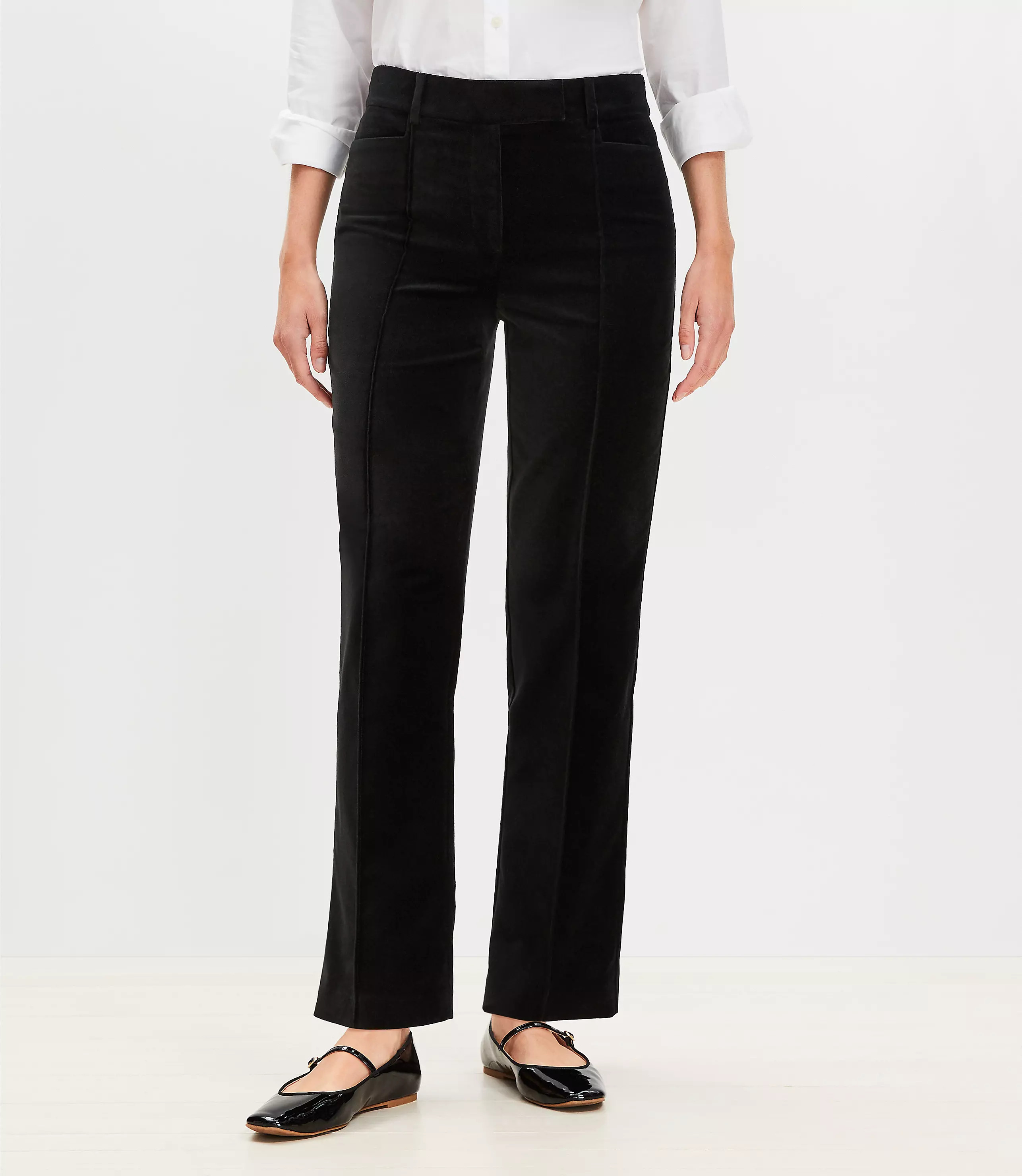 Curvy Pintucked Full Length Straight Pants in Velvet | LOFT