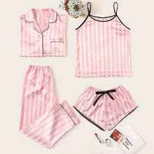 4pcs Striped Satin Pajama Set | SHEIN