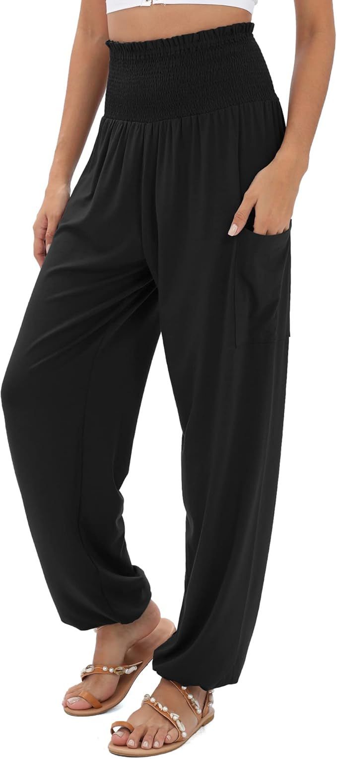 QIANXIZHAN Women's Harem Pants, High Waist Yoga Boho Trousers with Pockets | Amazon (US)