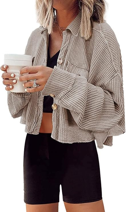 Panadila Women's Cropped Waffle Knit Shacket Short Button Down Jacket Batwing Sleeve Shirts with ... | Amazon (US)