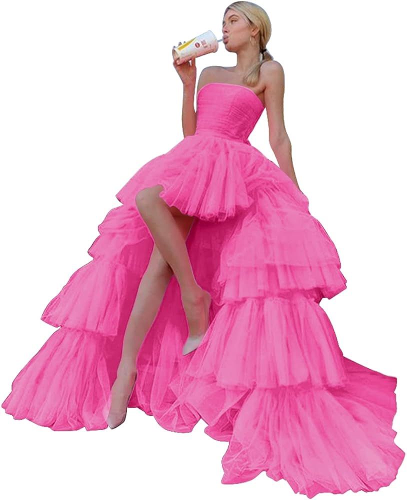 Sevintage High Low Tulle Prom Dress for Women Long Strapless Layered Formal Party Dresses with Tr... | Amazon (US)