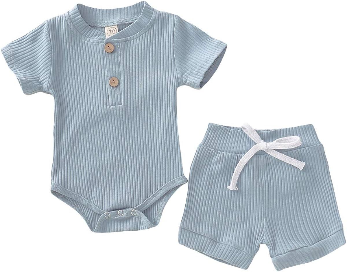 Newborn Baby Girls Boys Summer Clothes Sets Short Sleeve Solid Romper + Shorts Toddler Outfits 2P... | Amazon (US)