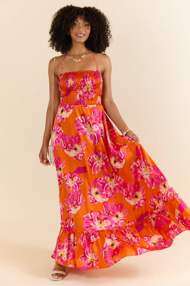 Pick Of The Summer Orange Printed Smocked Halter Maxi Dress | Pink Lily