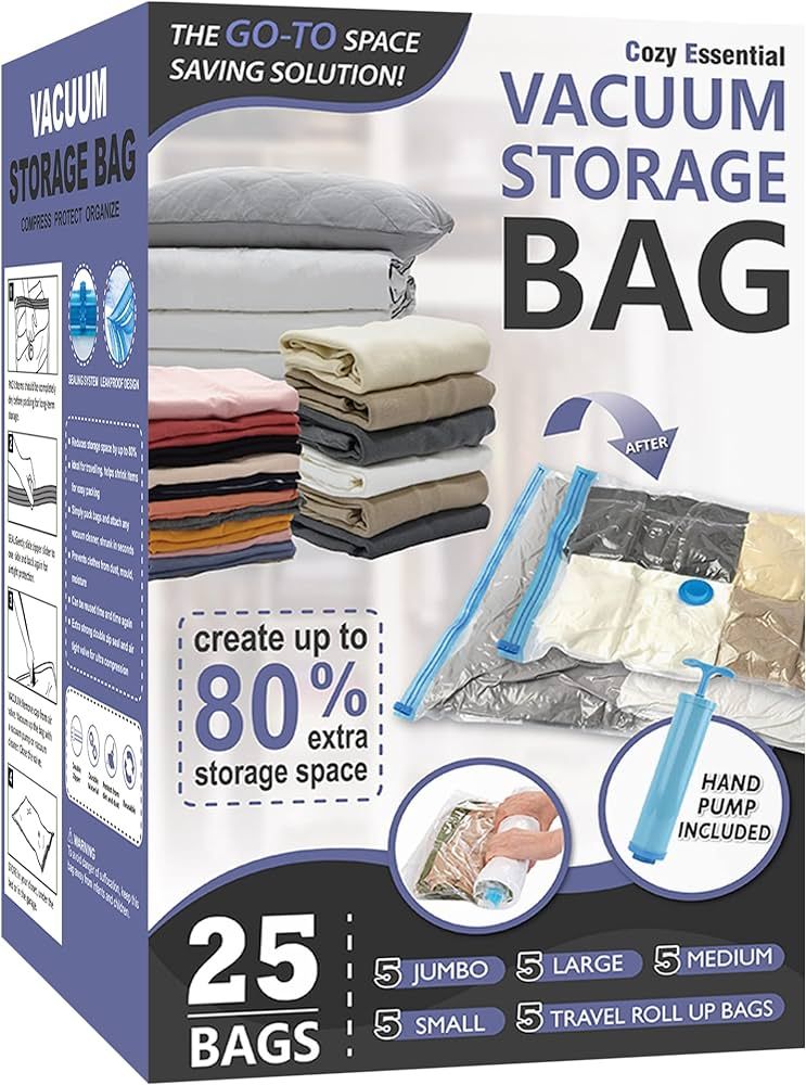25 Pack Space Saver Bags (5 Jumbo/5 Large/5 Medium/5 Small/5 Roll) Compression Storage Bags for C... | Amazon (US)